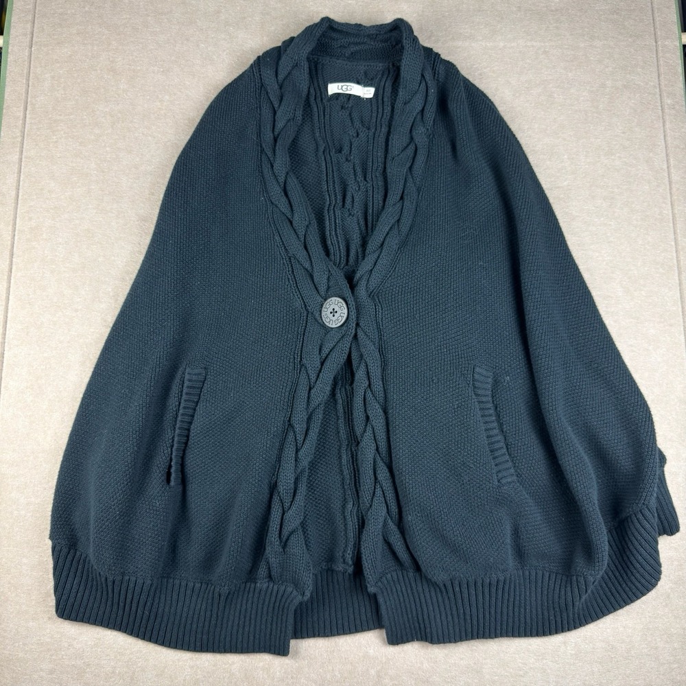 UGG XS Black Knit Cape Poncho Sweater Shawl‎ Collar Cable Button Wrap Women